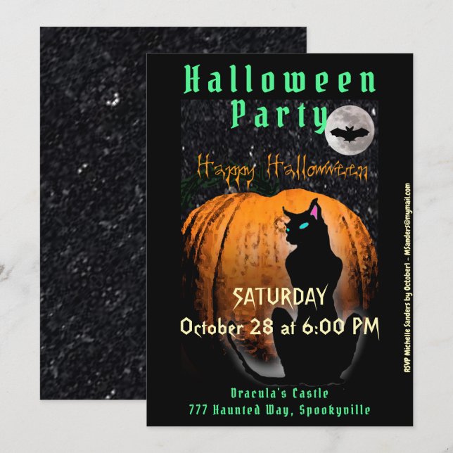 Fête d'Halloween | Chat noir et invitation Citroui (Devant / Derrière)