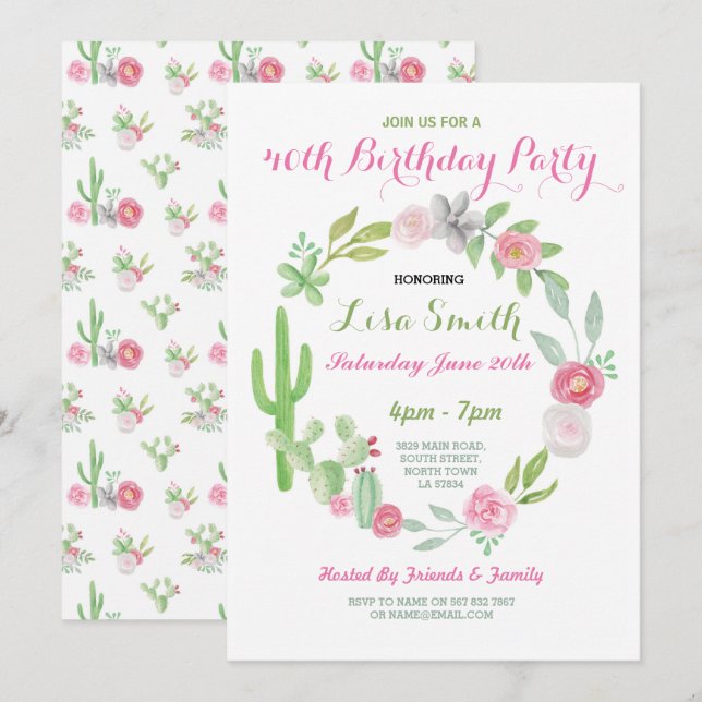 Fête du 40e anniversaire Fiesta Cactus Invitation  (Devant / Derrière)