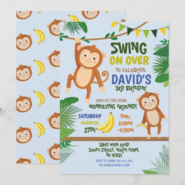 Fête du singe Anniversaire Swing Sur Invitation Bl (Devant / Derrière)