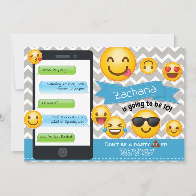 Fête Emoji Invitations Anniversaire Blue Boys (Devant)