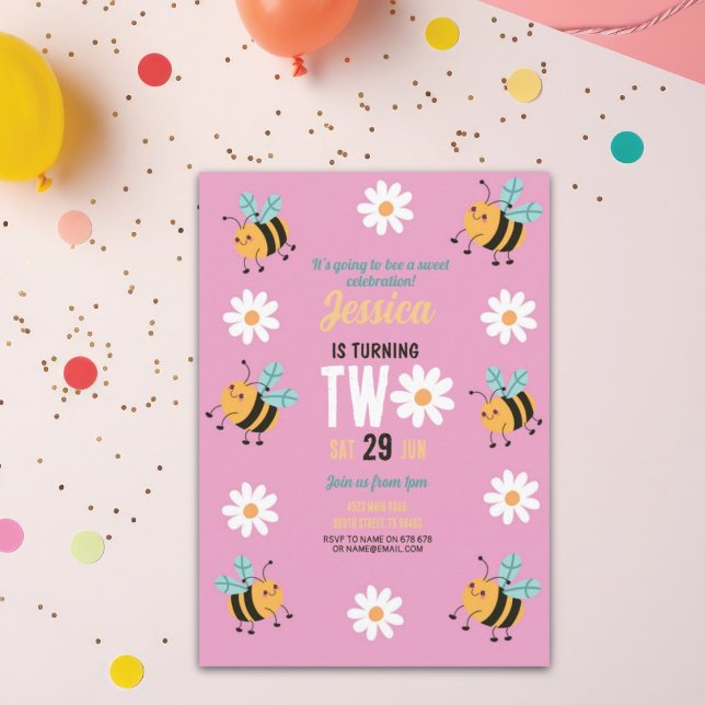 Fête Invitation Anniversaire d'abeilles Rose Daisy (Créateur téléchargé)