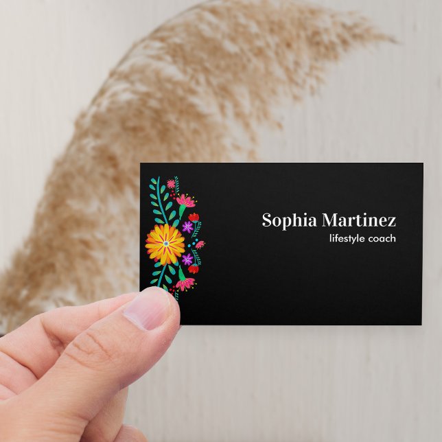 Fête mexicaine vibra Floral Carte de visite noir (Horizontal Business Card with fiesta floral border)