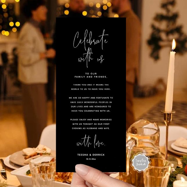 Fêtez Avec Nous, Place Setting Carte de remercieme (Celebrate With Us, Place Setting Thank you Card, in Classy Black, Modern Handwriting Script Themed)