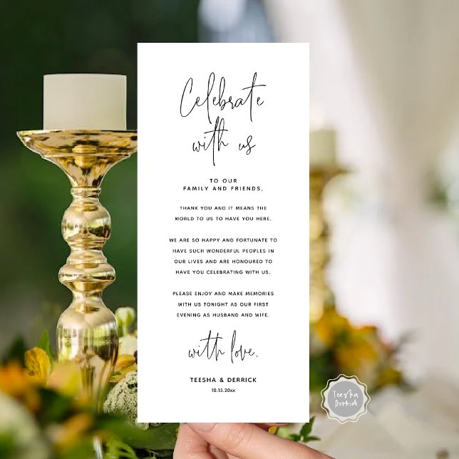 Fêtez Avec Nous, Place Setting Carte de remercieme (Celebrate With Us, Place Setting Thank you Card, in Black and White Modern Handwriting Script Themed)