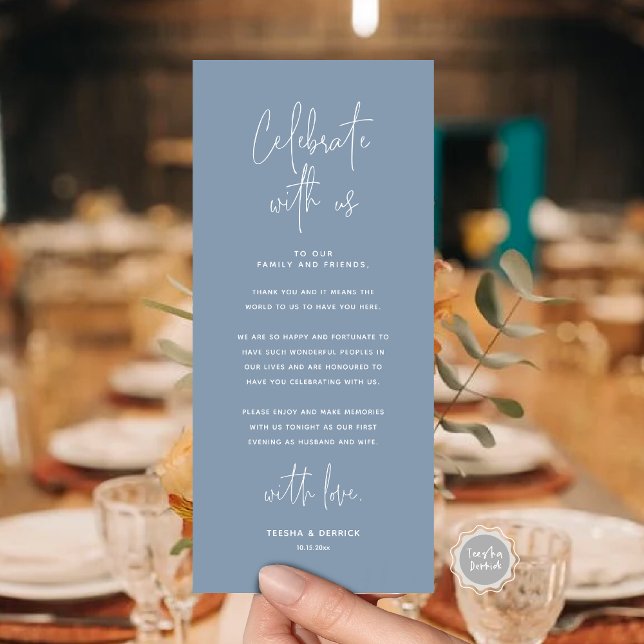 Fêtez Avec Nous, Place Setting Carte de remercieme (Celebrate With Us, Place Setting Thank you Card, in  Modern Handwriting Script Dusty Blue Themed)