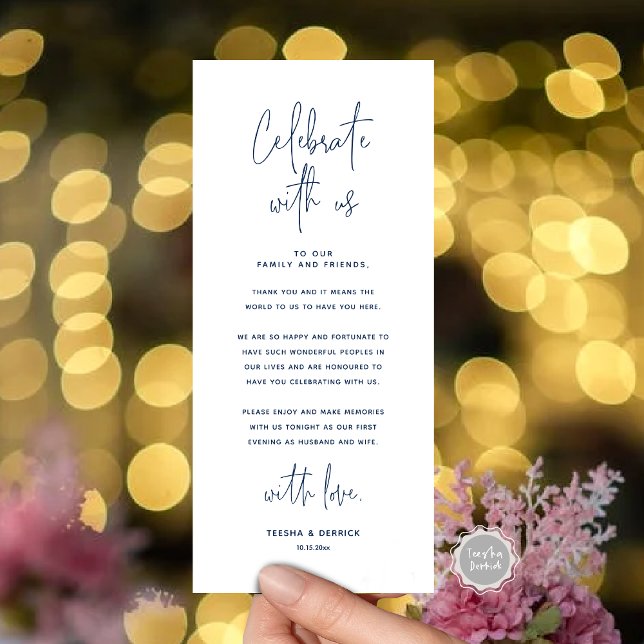 Fêtez Avec Nous, Place Setting Carte de remercieme (Celebrate With Us, Place Setting Thank you Card, in  Modern Handwriting Script Navy Blue Themed)