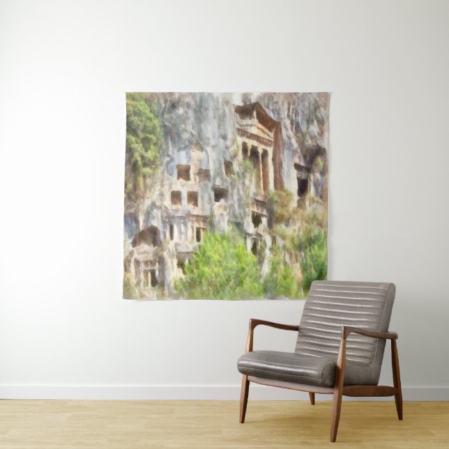 Fethiye Ancient Lycian Tombs Wasserfarbe Wandteppich (Beispiel)