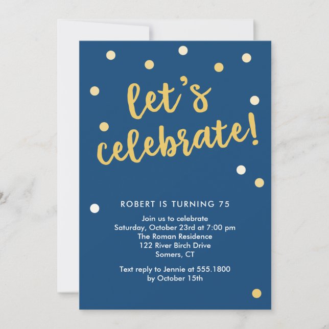 Fêtons Confetti Navy et Gold Invitation (Devant)