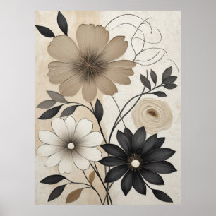 Fett Beige und Schwarz Floral Moderne neutrale Blu Poster
