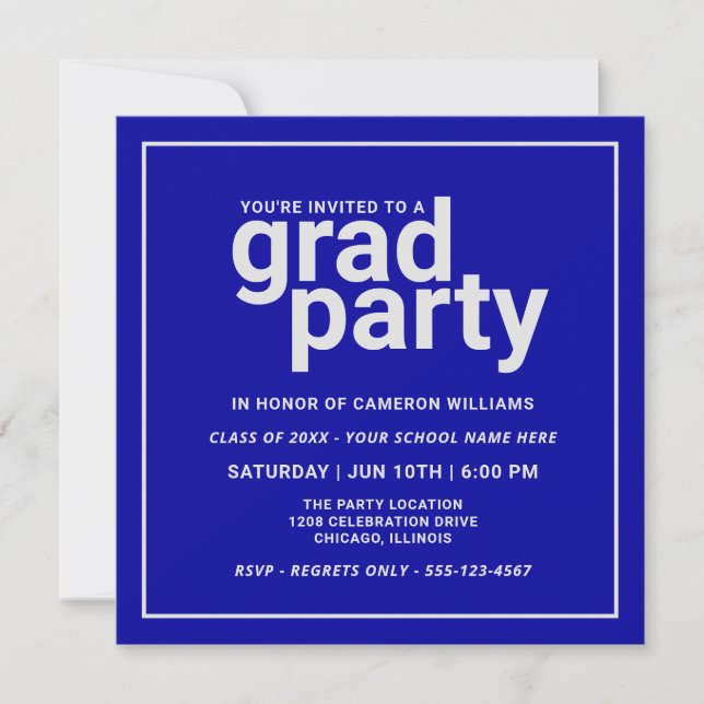Fett Blau und Silbergrau Modernes Grad Party Einladung (Vorderseite)