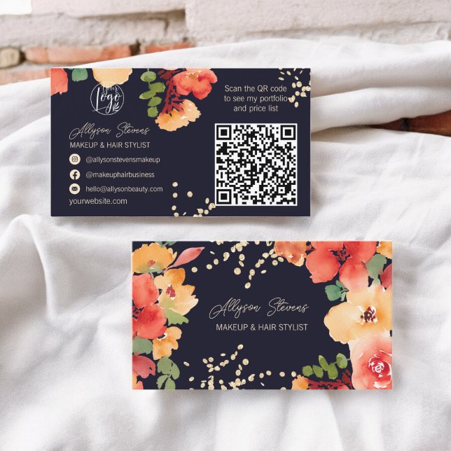 Fett blaues Blütengoldmakeup Haar Logo qr Code Visitenkarte (Bold fall floral gold makeup hair logo qr code business card on navy blue)