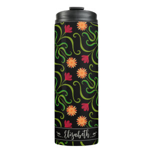 Fett Blumen-Damaskus-Sonnenblume Boho Schwarze Vol Thermosbecher