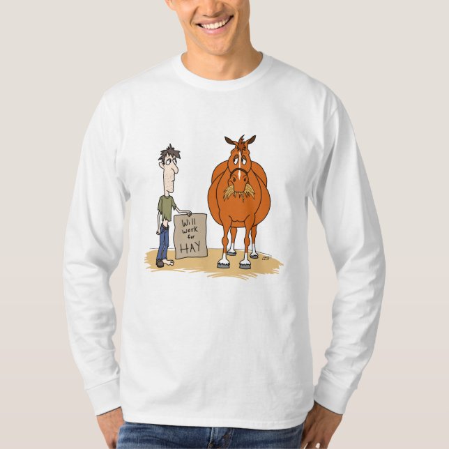 Fett Cartoon Pferde Mann arbeitet für Hay T-Shirt (Vorderseite)