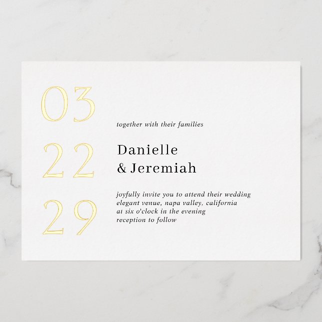 Fett Date Clean Minimal Elegante Moderne Hochzeit Folieneinladung (Vorderseite)