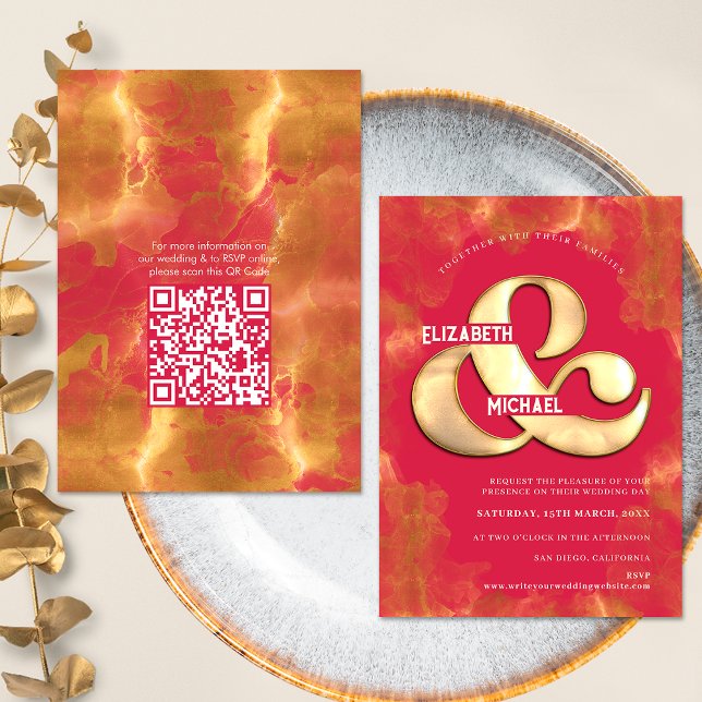 Fett Elegant Gold Magenta Wedding QR Code Detail Einladung (Front / Back)