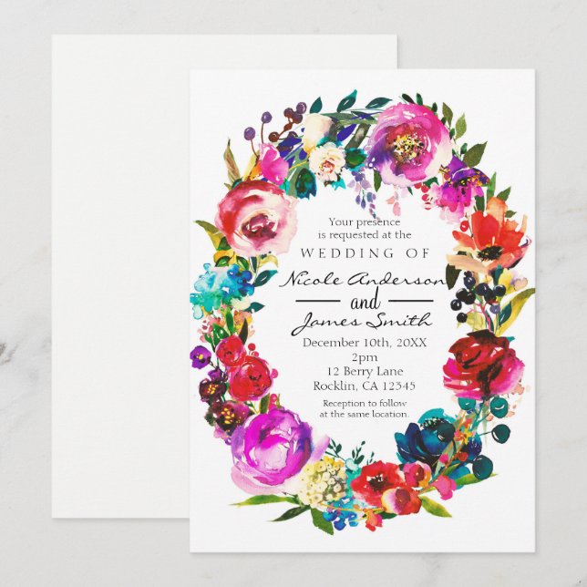 Fett Farbe Wasserfarbe Blumenzauber Hochzeit Einladung (Vorne/Hinten)