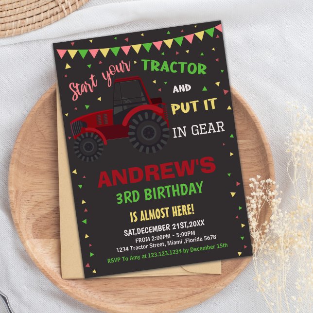 Fett Farm Party Card for Boys Einladung (Red Black Tractor Birthday Invitations)