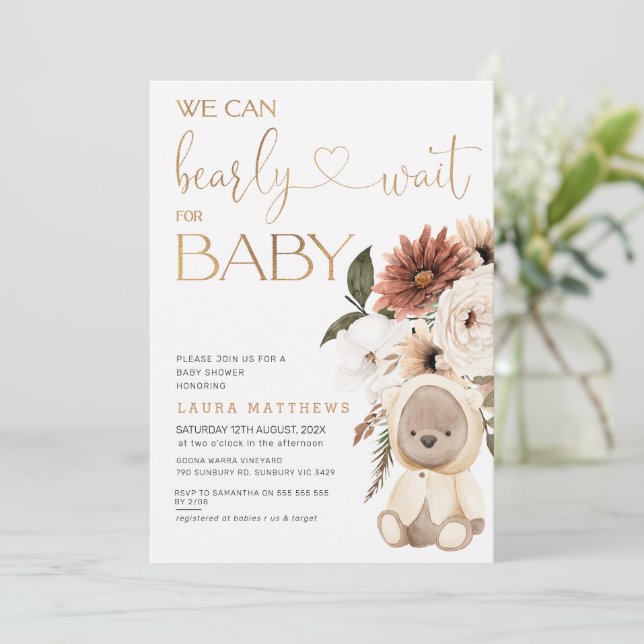 Fett floral können wir frühzeitig abwarten Baby Du Einladung (Stehend Vorderseite)