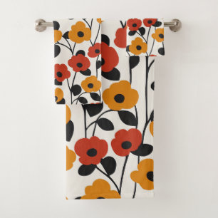 Fett Floral Muster rot, orange und schwarz Badhandtuch Set