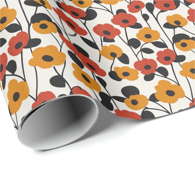 Fett Floral Muster rot, orange und schwarz Geschenkpapier (Rolleneckpunkt)