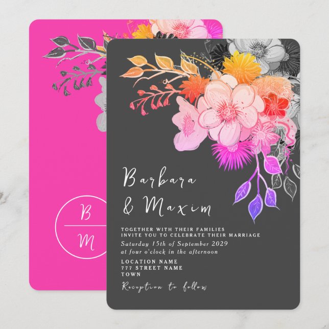 Fett florales Rosa und Schwarze Hochzeit Einladung (Vorne/Hinten)