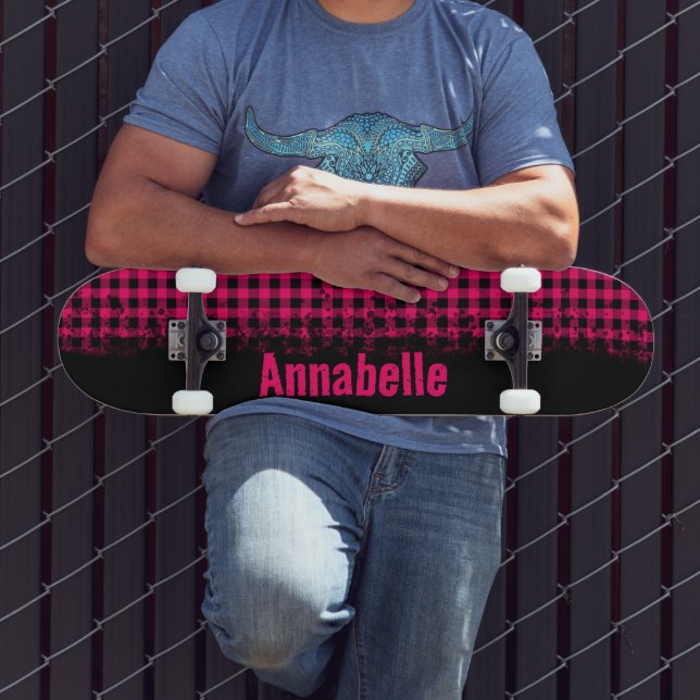Fett Fuchsienpinke und schwarz kariert Skateboard (Außenbereich 3)