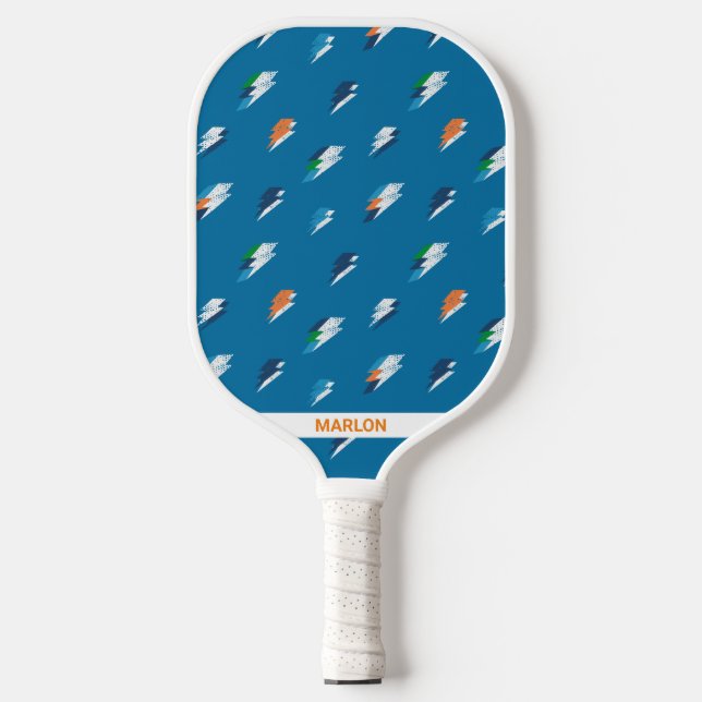 Fett gedruckte Blitze auf blau Pickleball Schläger (Vorderseite)