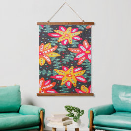 Fett Gelb und orange Blume Schwarz Wandteppich Mit Holzrahmen