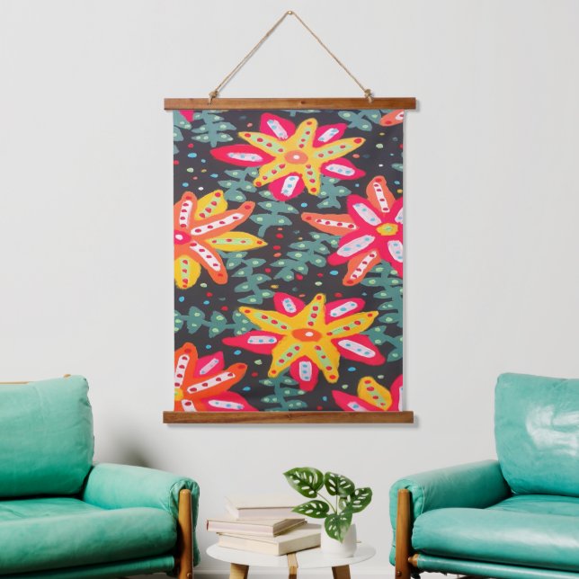 Fett Gelb und orange Blume Schwarz Wandteppich Mit Holzrahmen (Wohnzimmer)