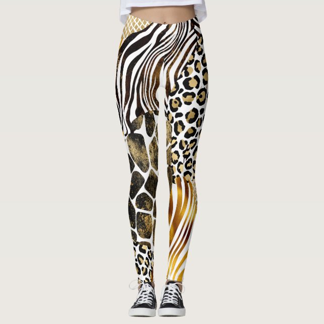 Fett gemischte Tierprägungen Gold-Akzente Leggings (Vorderseite)