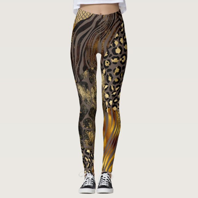 Fett gemischte Tierprägungen Gold-Akzente Leggings (Vorderseite)