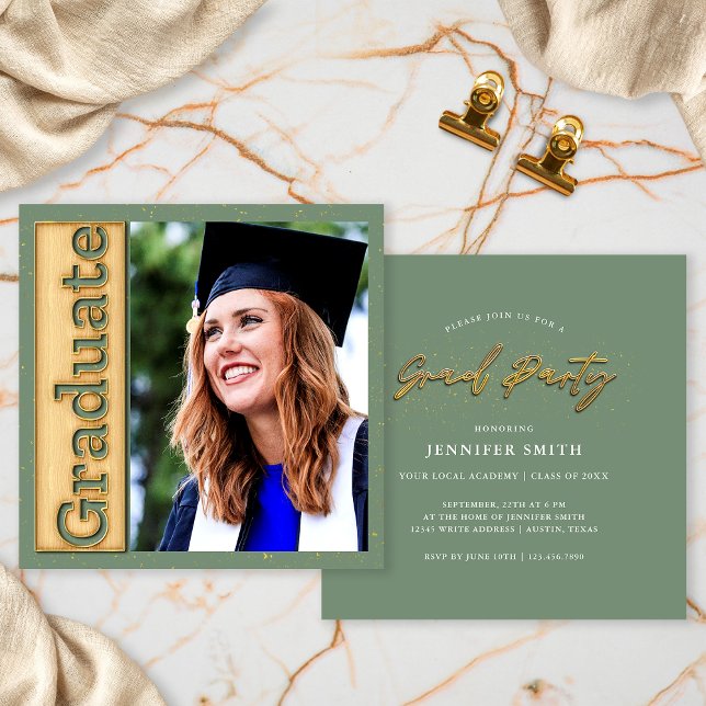 Fett Gold Sage Foto Abschluss Graduate Party Einladung (Von Creator hochgeladen)