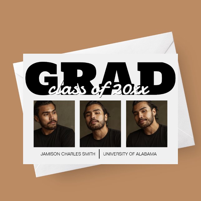 Fett Grad Abschluss Ankündigung (Bold Grad, Graduation Announcement Card with Three Photos)