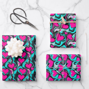 Fett heiße rosa Herzen auf marmoriertem Aquamarin  Geschenkpapier Set