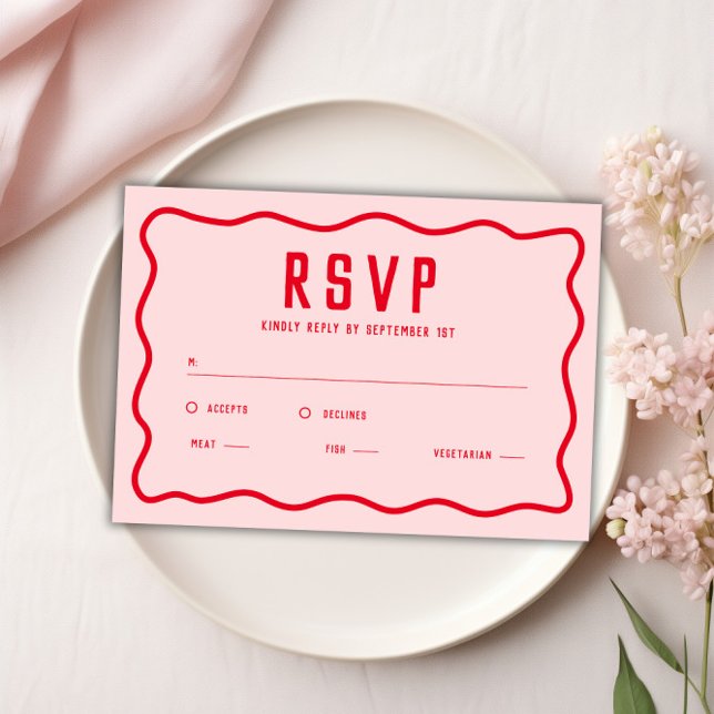 Fett hellrosa rosa, rosa, gequiggle Wavy Retro-Kur RSVP Karte (Bold Bright Pink Red Squiggle Wavy Retro Curve RSVP Card)