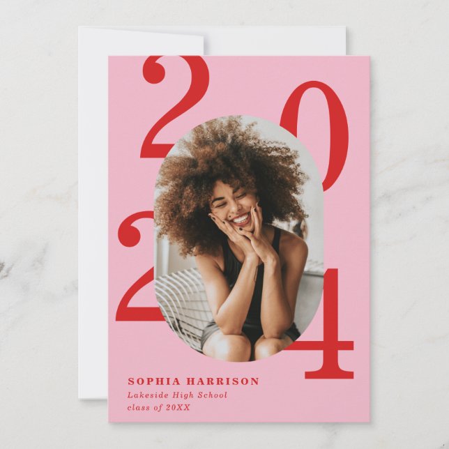 Fett Jahr Rosa Oval Foto Rahmen Abschluss Einladung (Vorderseite)