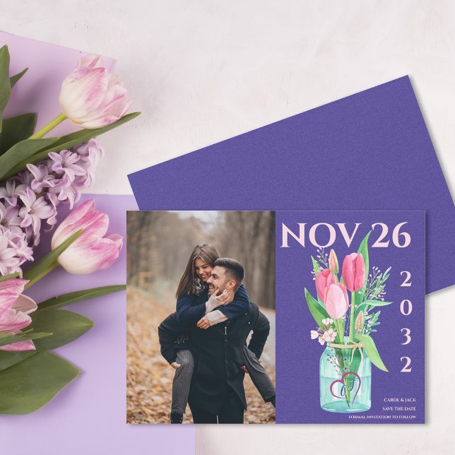 Fett Lila und blütenfarbenes Foto Save the Date Ankündigung (Bold Purple & Blush Floral Photo Save the Date Announcement)