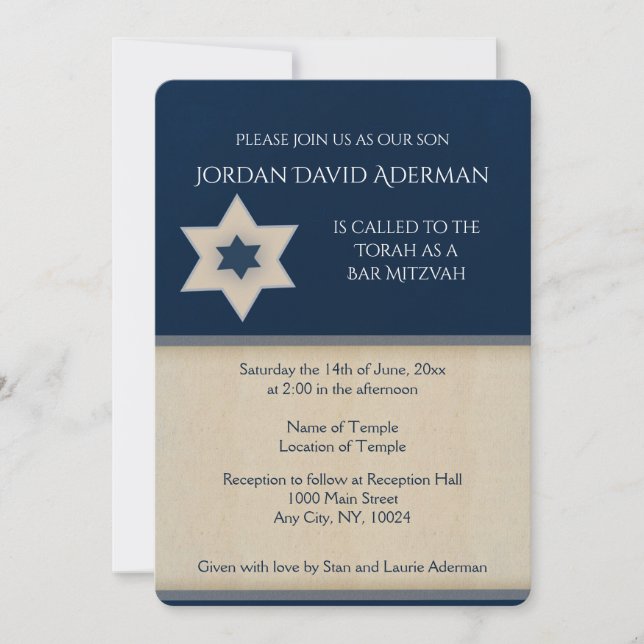 Fett Marineblau und tan Bar Mitzvah Einladung (Vorderseite)