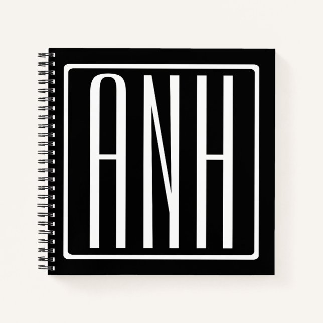 Fett Modern 3 Initialen Monogramm | Schwarz weiß Notizbuch (Vorderseite)