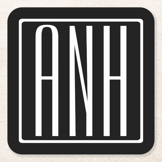 Fett Modern 3 Initialen Monogramm | Schwarz weiß Rechteckiger Pappuntersetzer (Vorderseite)