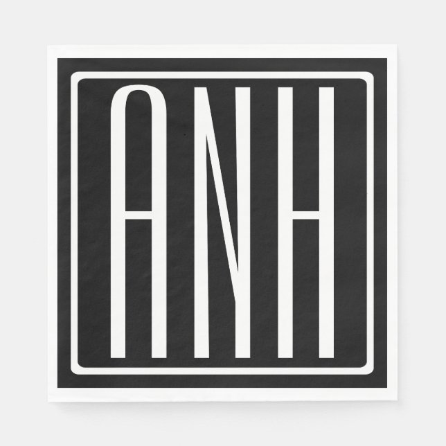 Fett Modern 3 Initialen Monogramm | Schwarz weiß Serviette (Vorderseite)