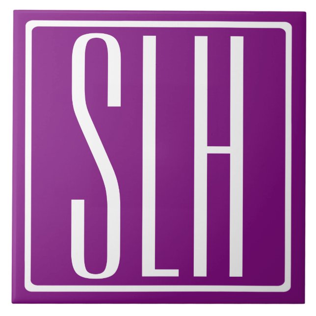 Fett Modern 3 Initialen Monogramm | Weiß und Lila Fliese (Vorderseite)