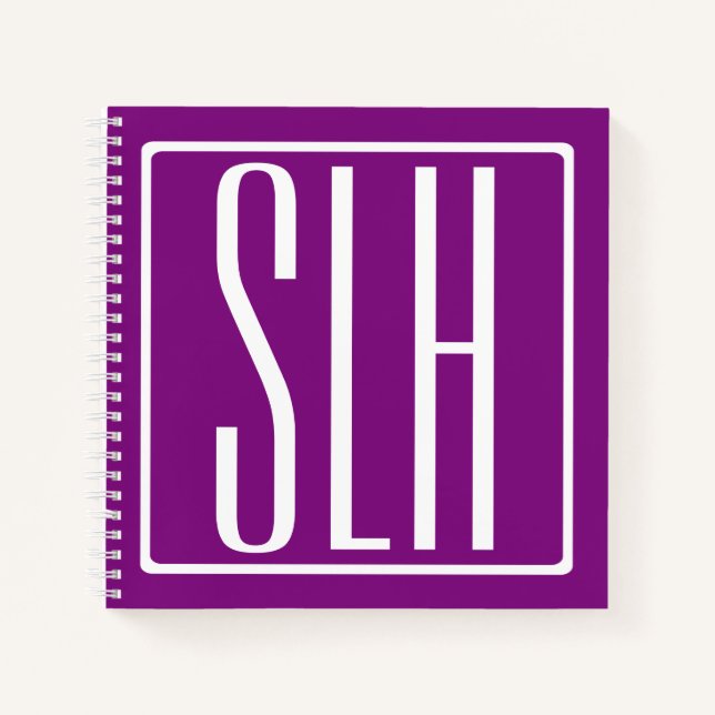 Fett Modern 3 Initialen Monogramm | Weiß und Lila Notizbuch (Vorderseite)