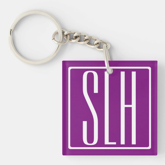 Fett Modern 3 Initialen Monogramm | Weiß und Lila Schlüsselanhänger (Vorderseite)