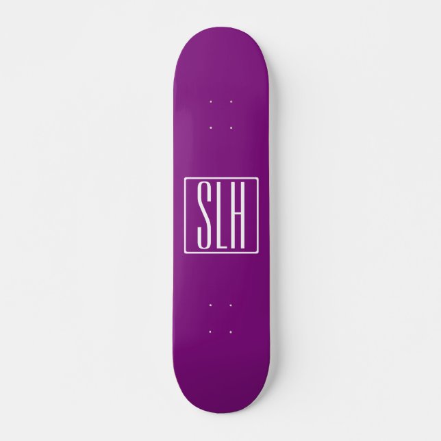 Fett Modern 3 Initialen Monogramm | Weiß und Lila Skateboard (Vorne)
