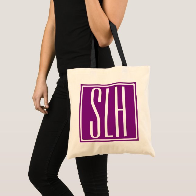 Fett Modern 3 Initialen Monogramm | Weiß und Lila Tragetasche (Vorderseite (Produkt))