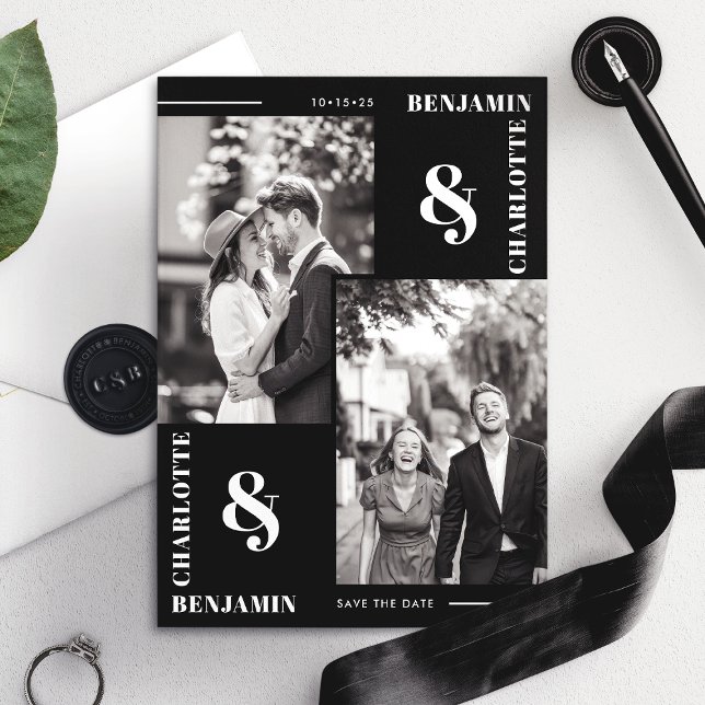 Fett Modern Black Two Foto Save the Date Card (Von Creator hochgeladen)