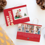 Fett Modern Red Four Foto Merry and Bright Gold Folien Feiertagskarte<br><div class="desc">Senden Sie herzliche Wünsche in dieser Urlaubssaison mit dieser einzigartigen und niedlichen, modernen, roten 4-Foto-Urlaubskarte aus rotem Gold. Das einfache und minimalistische Design zeichnet sich durch boho-inspiriert Elemente in Goldfolie aus. Dieses Design feiert den festlichen Geist des Dezember und bringt jedem Anlass eine fröhliche und lustige Touch. Die goldene saisonale...</div>