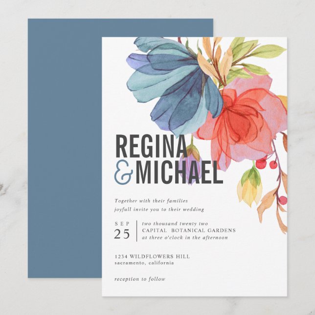 Fett Moderne Wasserfarbe Blaue Wildblumen Hochzeit Einladung (Vorne/Hinten)
