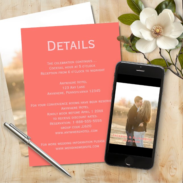 Fett Modernes Foto in Rosa und Korallen Hochzeitsd Einladung (Modern Pink and Coral Wedding Details)